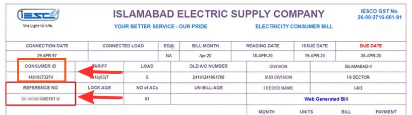 Find Reference Number and Customer ID of the IESCO bill